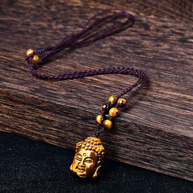 Collana con ciondolo a forma di testa di Buddha, occhio di tigre, Buddha Stones