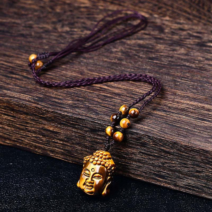 Collana con ciondolo a forma di testa di Buddha, occhio di tigre, Buddha Stones