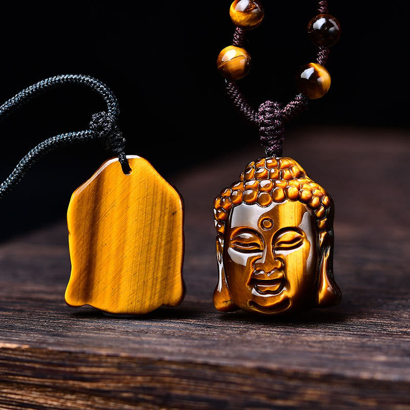 Collana con ciondolo a forma di testa di Buddha, occhio di tigre, Buddha Stones