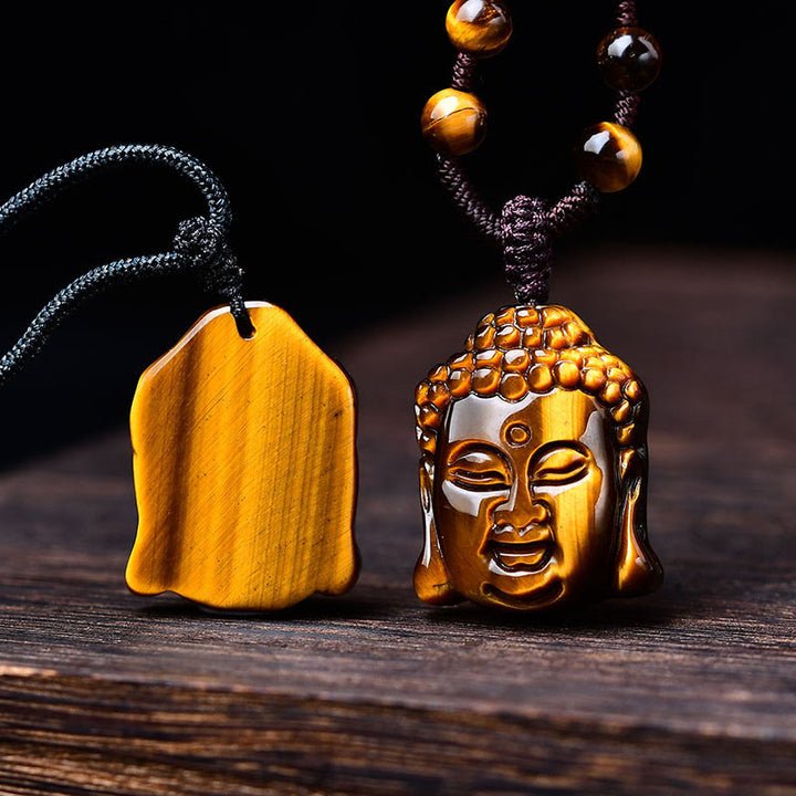 Collana con ciondolo a forma di testa di Buddha, occhio di tigre, Buddha Stones