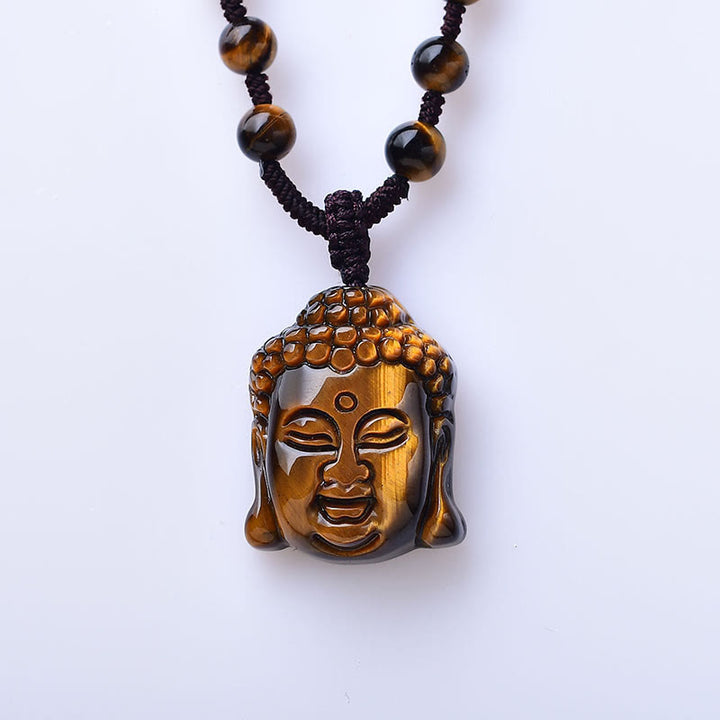 Collana con ciondolo a forma di testa di Buddha, occhio di tigre, Buddha Stones