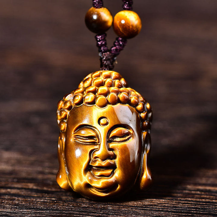 Collana con ciondolo a forma di testa di Buddha, occhio di tigre, Buddha Stones