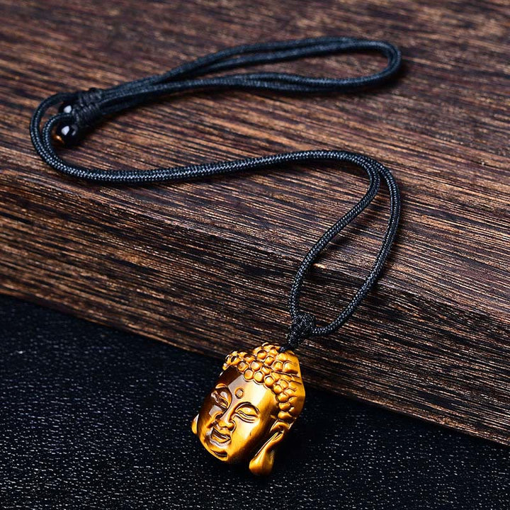 Collana con ciondolo a forma di testa di Buddha, occhio di tigre, Buddha Stones