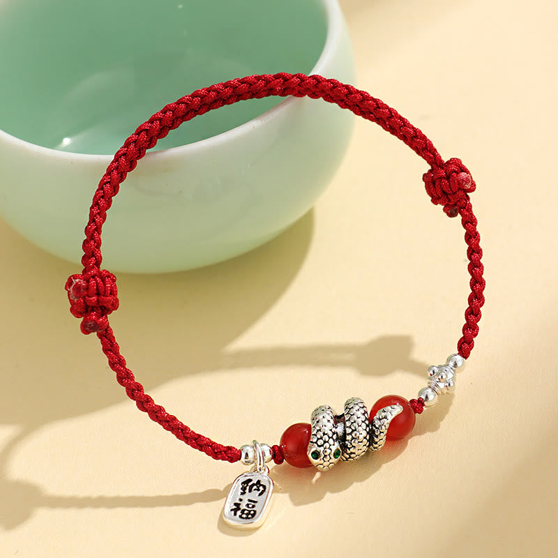 Buddha Stones Rame Fu Carattere Anno del serpente Braccialetto portafortuna con corda rossa