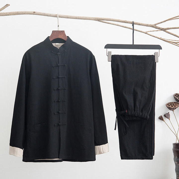 Buddha Stones 2 pezzi Zen Tang Suit da uomo in lino con bottoni a rana, camicia a maniche lunghe e pantaloni set - Nero - US/UK/AU44, EU54 (4XL) - image 2