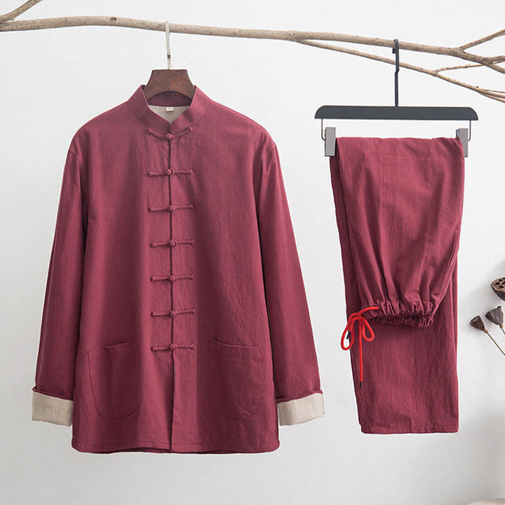 Buddha Stones 2 pezzi Zen Tang Suit da uomo in lino con bottoni a rana, camicia a maniche lunghe e pantaloni set - Mattoni refrattari - US/UK/AU44, EU54 (4XL) - image 18