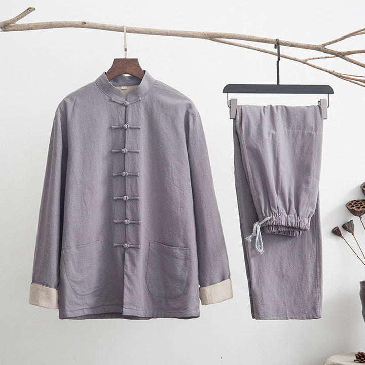 Buddha Stones 2 pezzi Zen Tang Suit da uomo in lino con bottoni a rana, camicia a maniche lunghe e pantaloni set - Grigio - US/UK/AU44, EU54 (4XL) - image 0