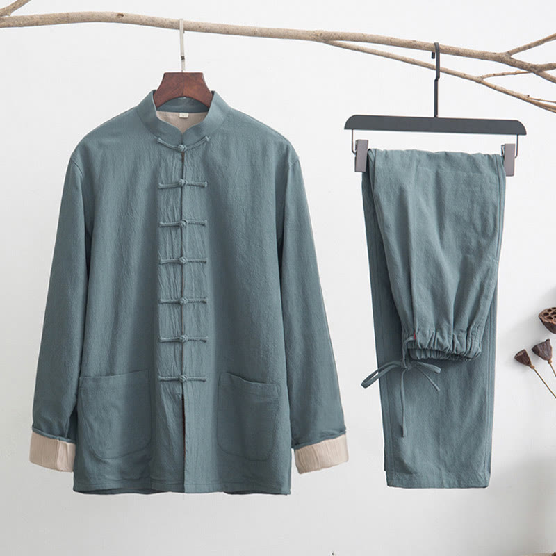 Buddha Stones 2 pezzi Zen Tang Suit da uomo in lino con bottoni a rana, camicia a maniche lunghe e pantaloni set - CadetBlue - US/UK/AU44, EU54 (4XL) - image 4