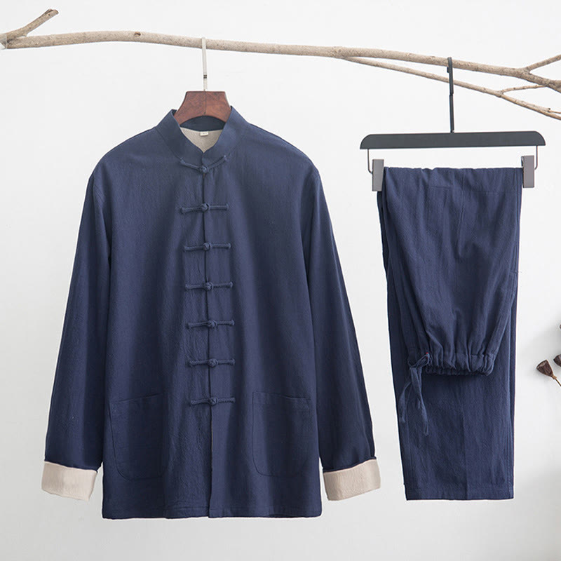 Buddha Stones 2 pezzi Zen Tang Suit da uomo in lino con bottoni a rana, camicia a maniche lunghe e pantaloni set - SteelBlue - US/UK/AU44, EU54 (4XL) - image 23