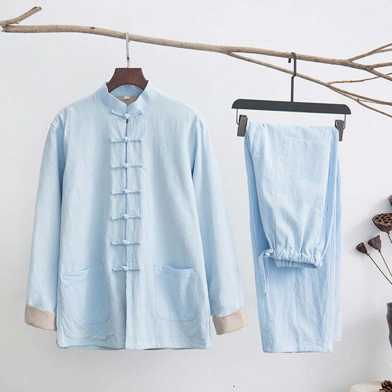 Buddha Stones 2 pezzi Zen Tang Suit da uomo in lino con bottoni a rana, camicia a maniche lunghe e pantaloni set - Ciano chiaro - US/UK/AU44, EU54 (4XL) - image 22