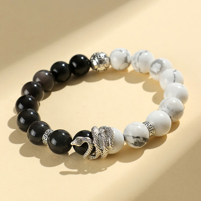 Buddha Stones Argento Naturale Lucente Ossidiana Turchese Bianco Diaspro Grigio Ossidiana Fiocco di Neve Braccialetto di Protezione dell'Anno del Serpente - Argento brillante, ossidiana, turchese bianco (circonferenza del polso: 15-18 cm) - image 1
