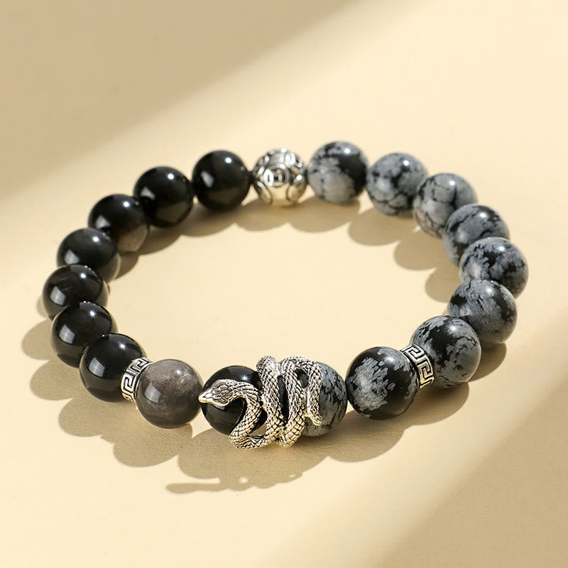 Buddha Stones Argento Naturale Lucente Ossidiana Turchese Bianco Diaspro Grigio Ossidiana Fiocco di Neve Braccialetto di Protezione dell'Anno del Serpente