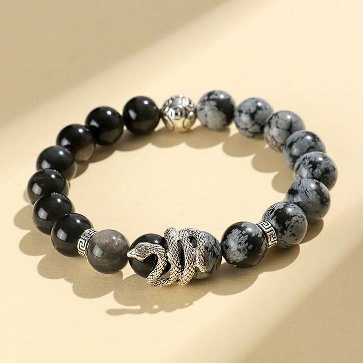 Buddha Stones Argento Naturale Lucente Ossidiana Turchese Bianco Diaspro Grigio Ossidiana Fiocco di Neve Braccialetto di Protezione dell'Anno del Serpente