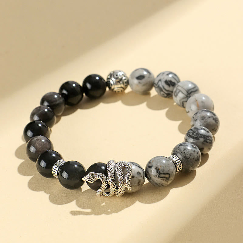 Buddha Stones Argento Naturale Lucente Ossidiana Turchese Bianco Diaspro Grigio Ossidiana Fiocco di Neve Braccialetto di Protezione dell'Anno del Serpente