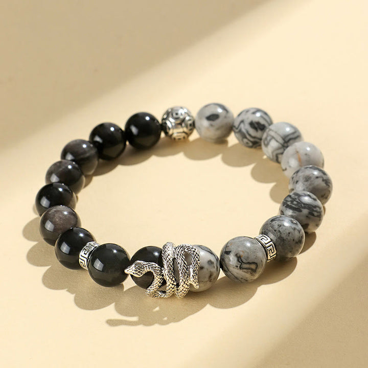 Buddha Stones Argento Naturale Lucente Ossidiana Turchese Bianco Diaspro Grigio Ossidiana Fiocco di Neve Braccialetto di Protezione dell'Anno del Serpente