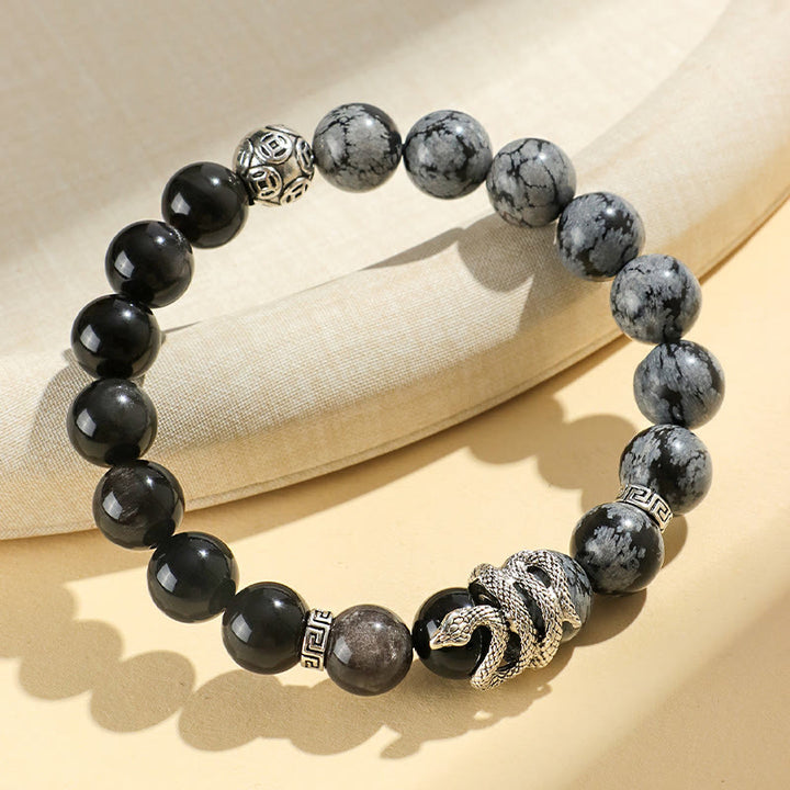 Buddha Stones Argento Naturale Lucente Ossidiana Turchese Bianco Diaspro Grigio Ossidiana Fiocco di Neve Braccialetto di Protezione dell'Anno del Serpente