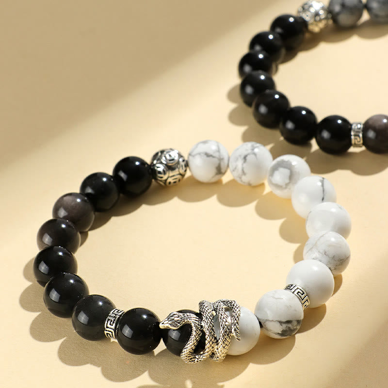 Buddha Stones Argento Naturale Lucente Ossidiana Turchese Bianco Diaspro Grigio Ossidiana Fiocco di Neve Braccialetto di Protezione dell'Anno del Serpente
