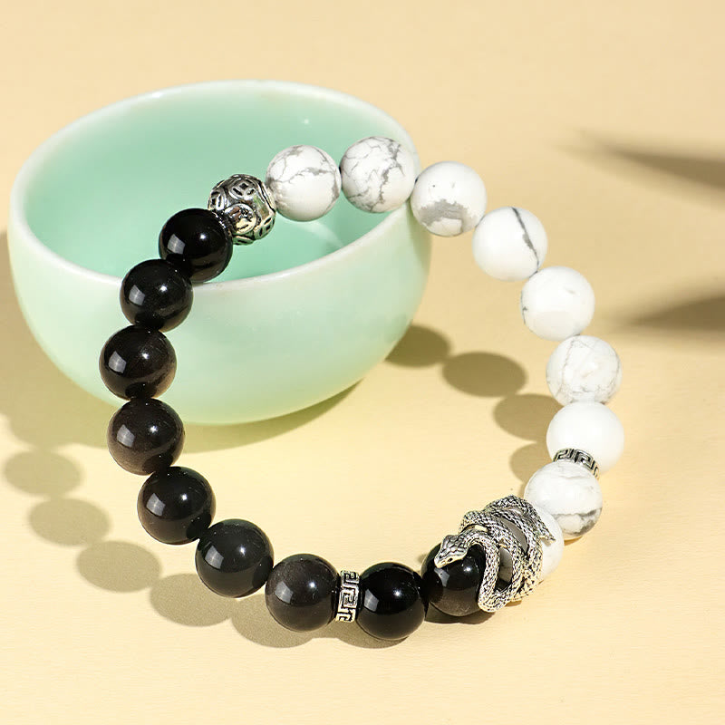 Buddha Stones Argento Naturale Lucente Ossidiana Turchese Bianco Diaspro Grigio Ossidiana Fiocco di Neve Braccialetto di Protezione dell'Anno del Serpente