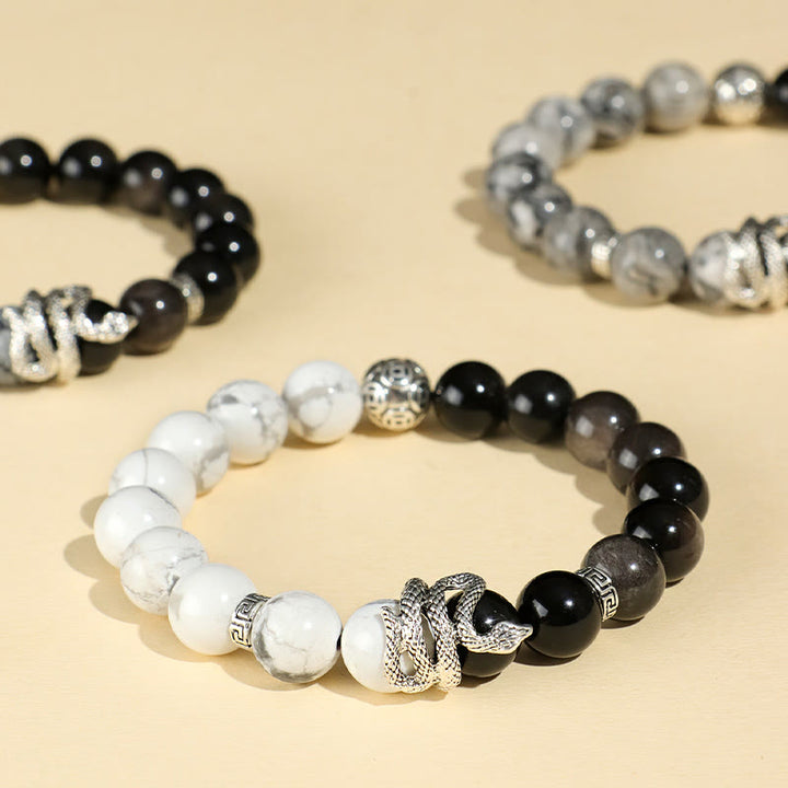 Buddha Stones Argento Naturale Lucente Ossidiana Turchese Bianco Diaspro Grigio Ossidiana Fiocco di Neve Braccialetto di Protezione dell'Anno del Serpente