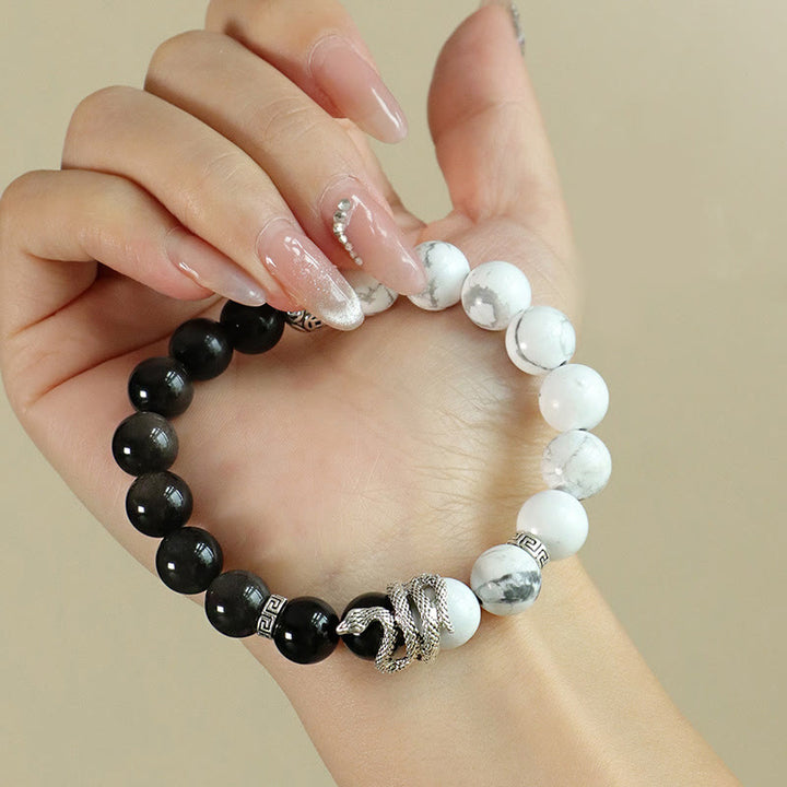 Buddha Stones Argento Naturale Lucente Ossidiana Turchese Bianco Diaspro Grigio Ossidiana Fiocco di Neve Braccialetto di Protezione dell'Anno del Serpente