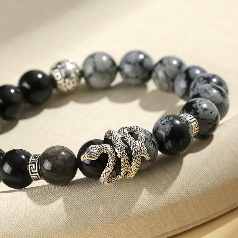 Buddha Stones Argento Naturale Lucente Ossidiana Turchese Bianco Diaspro Grigio Ossidiana Fiocco di Neve Braccialetto di Protezione dell'Anno del Serpente