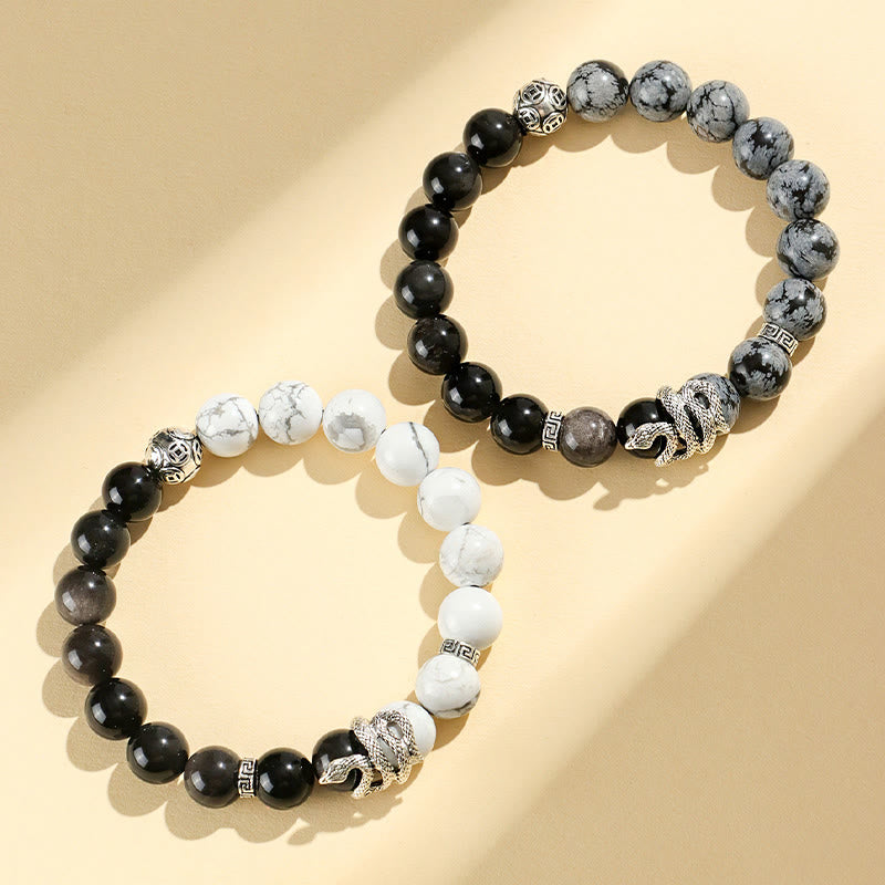 Buddha Stones Argento Naturale Lucente Ossidiana Turchese Bianco Diaspro Grigio Ossidiana Fiocco di Neve Braccialetto di Protezione dell'Anno del Serpente