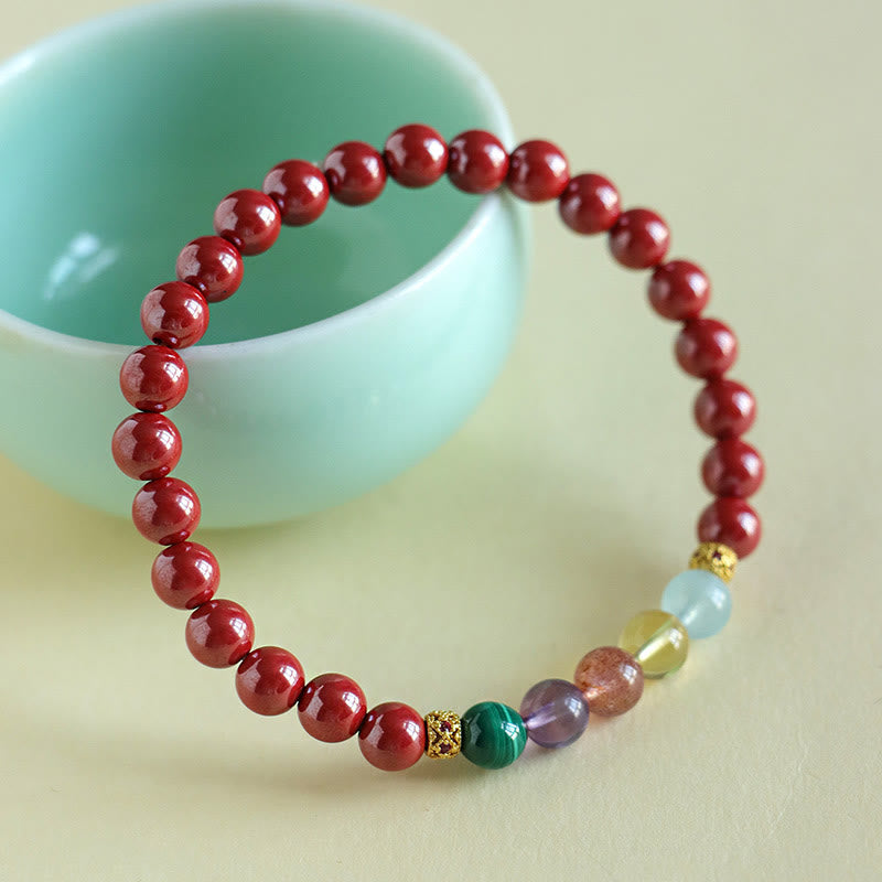 Braccialetto di benedizione Buddha Stones Cinnabar Acquamarina Citrino Quarzo Fragola Ametista Malachite