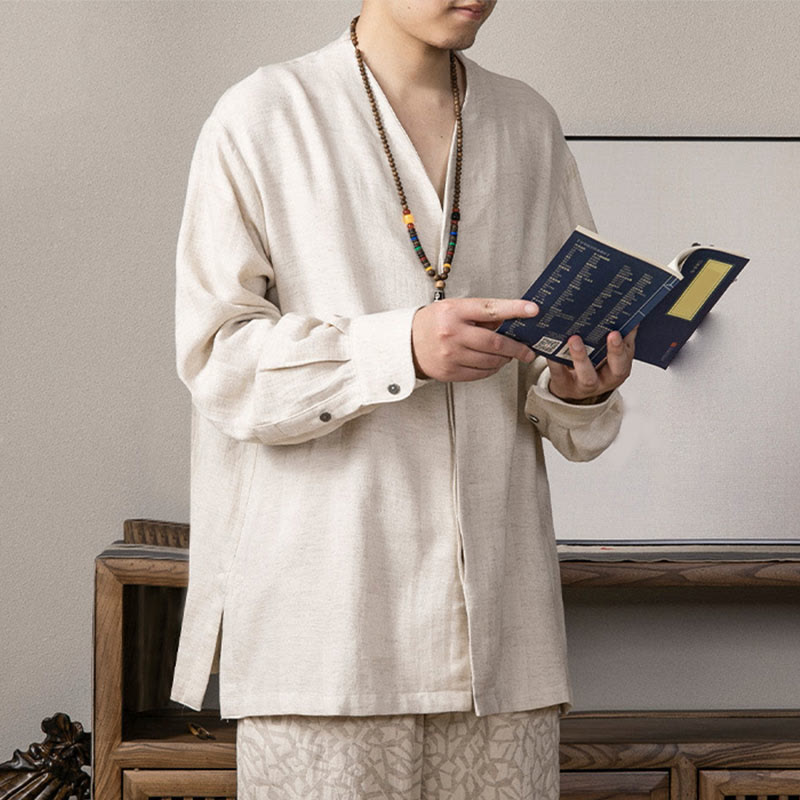 Camicia a maniche lunghe in lino da uomo con scollo a V e motivo Buddha Stones Zen Clothing - image 11