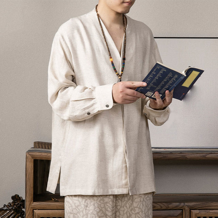 Camicia a maniche lunghe in lino da uomo con scollo a V e motivo Buddha Stones Zen Clothing - image 11