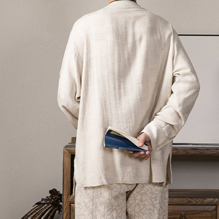 Camicia a maniche lunghe in lino da uomo con scollo a V e motivo Buddha Stones Zen Clothing - image 14