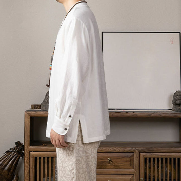 Camicia a maniche lunghe in lino da uomo con scollo a V e motivo Buddha Stones Zen Clothing - image 3