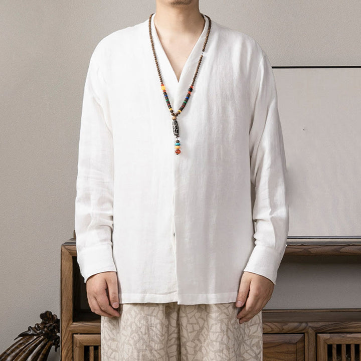 Camicia a maniche lunghe in lino da uomo con scollo a V e motivo Buddha Stones Zen Clothing - Bianco - US/UK/AU44, EU54 (4XL) - image 0
