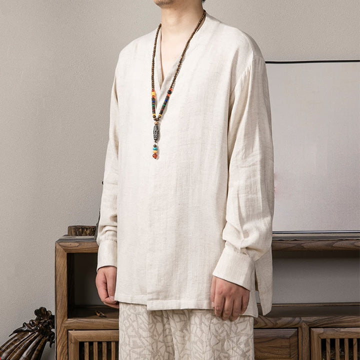 Camicia a maniche lunghe in lino da uomo con scollo a V e motivo Buddha Stones Zen Clothing - image 12