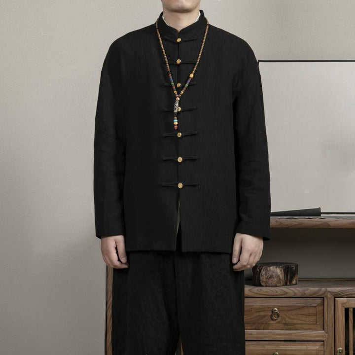 Camicia da uomo in lino jacquard con bottoni a rana e motivo Buddha Stones Casual