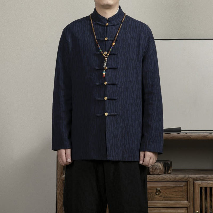 Camicia da uomo in lino jacquard con bottoni a rana e motivo Buddha Stones Casual