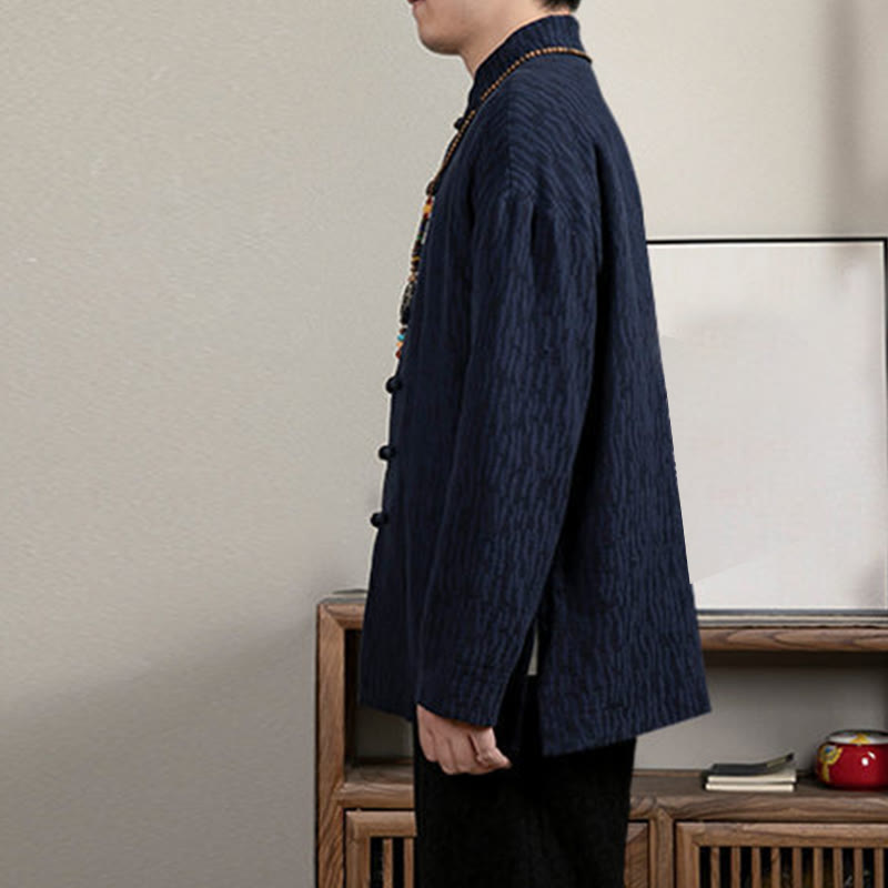 Camicia da uomo in lino jacquard con bottoni a rana e motivo Buddha Stones Casual