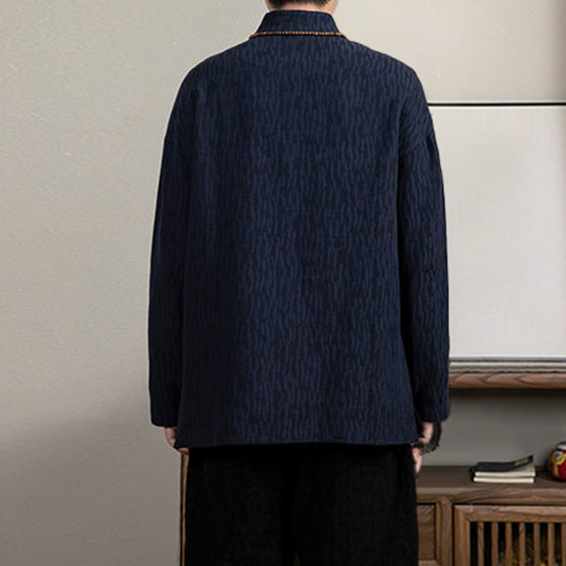 Camicia da uomo in lino jacquard con bottoni a rana e motivo Buddha Stones Casual