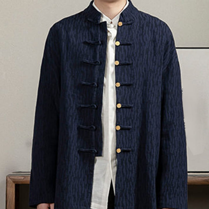 Camicia da uomo in lino jacquard con bottoni a rana e motivo Buddha Stones Casual
