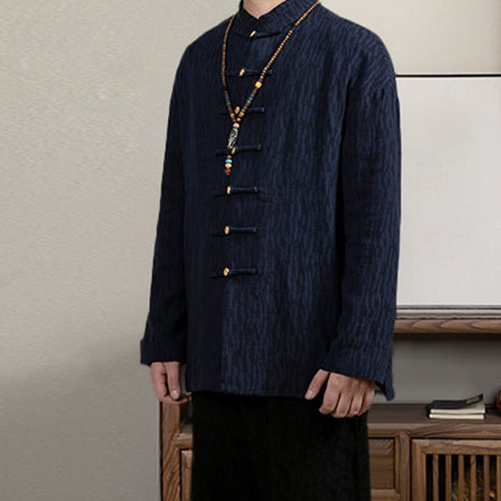 Camicia da uomo in lino jacquard con bottoni a rana e motivo Buddha Stones Casual