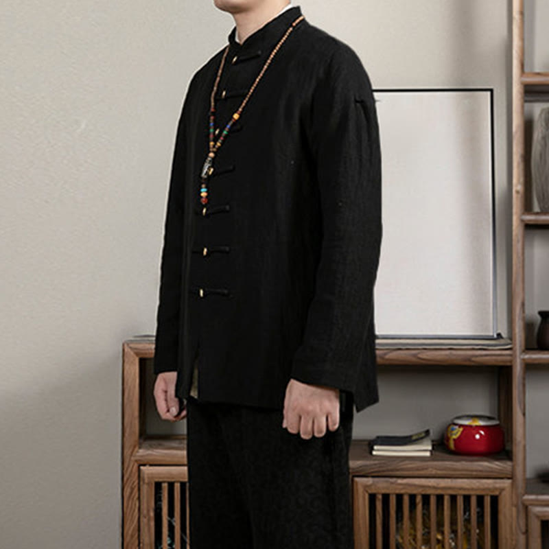 Camicia da uomo in lino jacquard con bottoni a rana e motivo Buddha Stones Casual