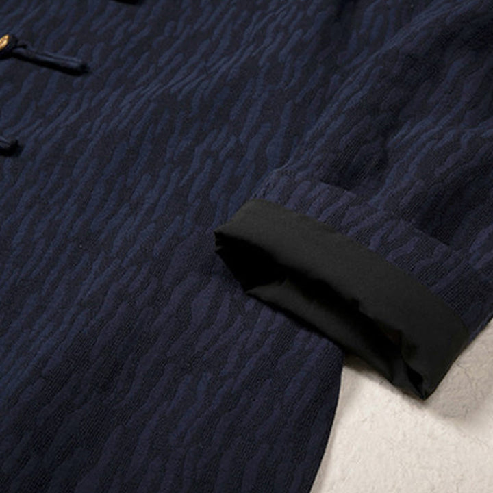 Camicia da uomo in lino jacquard con bottoni a rana e motivo Buddha Stones Casual