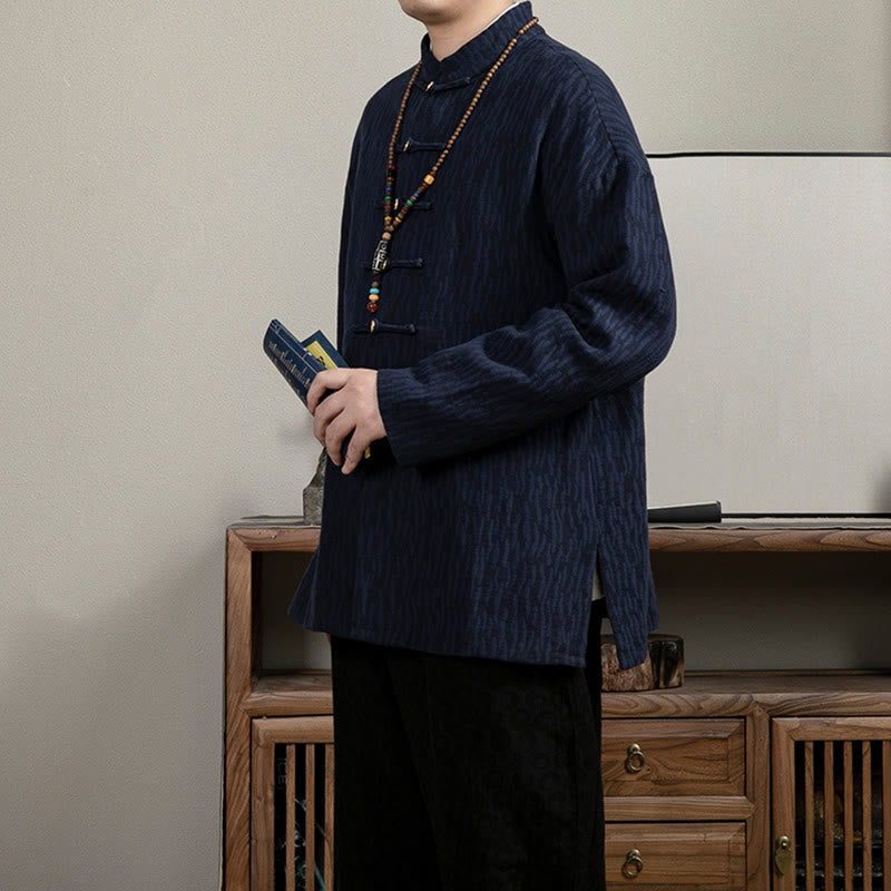 Camicia da uomo in lino jacquard con bottoni a rana e motivo Buddha Stones Casual