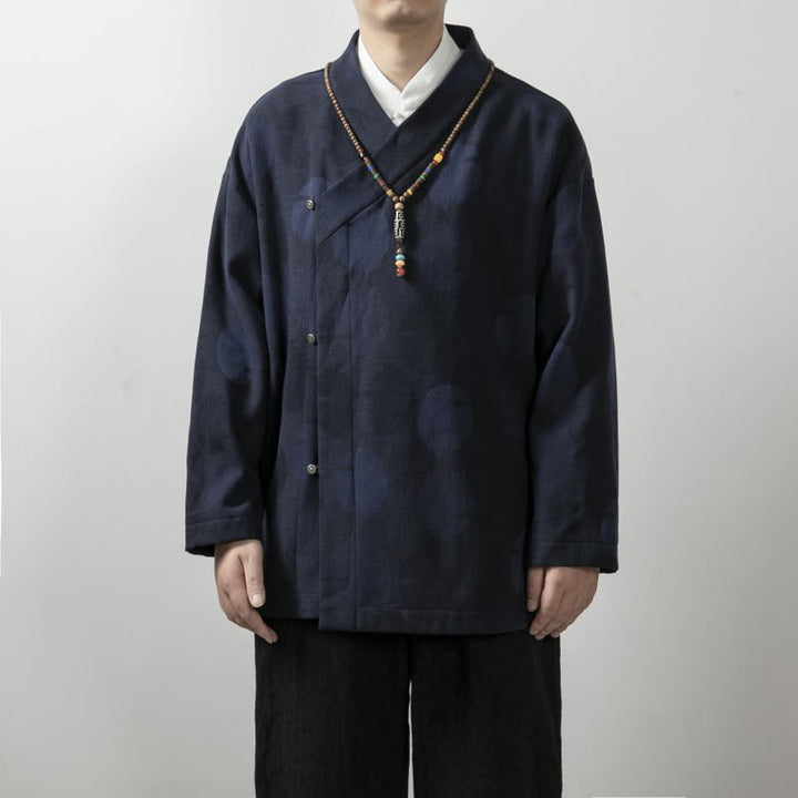 Camicia a maniche lunghe con scollo a V e stampa jacquard in cotone tinta unita da uomo Buddha Stones