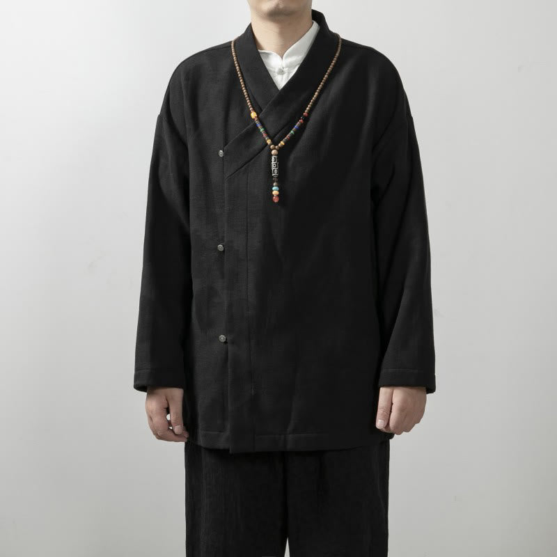 Camicia a maniche lunghe con scollo a V e stampa jacquard in cotone tinta unita da uomo Buddha Stones