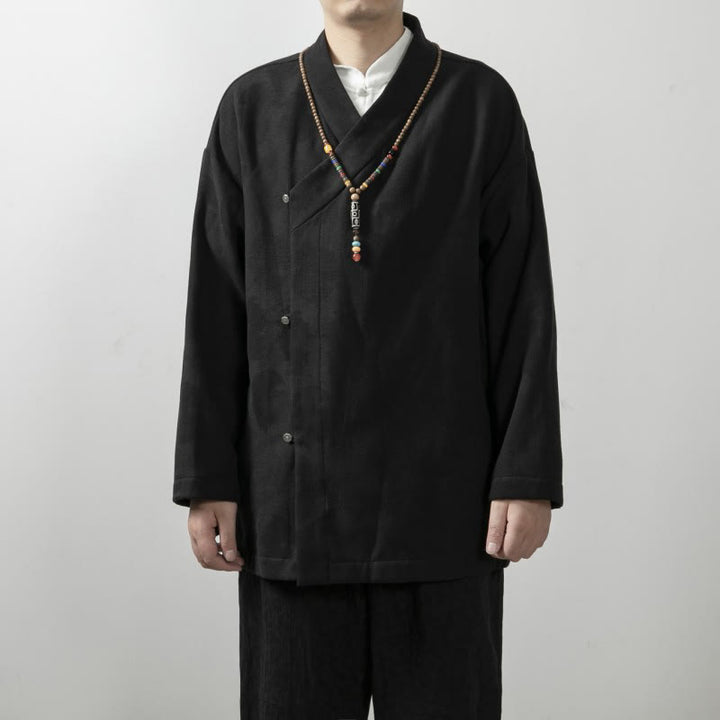Camicia a maniche lunghe con scollo a V e stampa jacquard in cotone tinta unita da uomo Buddha Stones