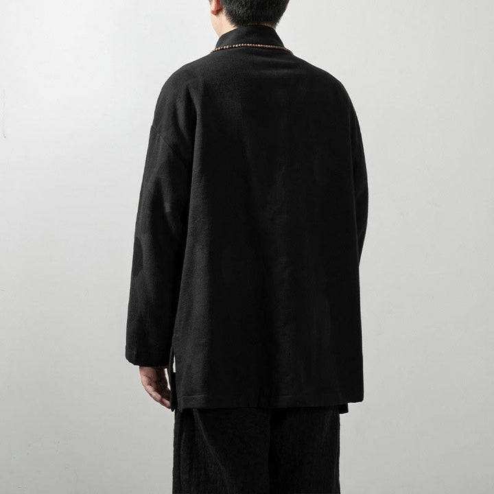Camicia a maniche lunghe con scollo a V e stampa jacquard in cotone tinta unita da uomo Buddha Stones