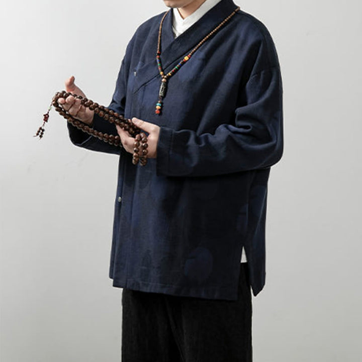 Camicia a maniche lunghe con scollo a V e stampa jacquard in cotone tinta unita da uomo Buddha Stones