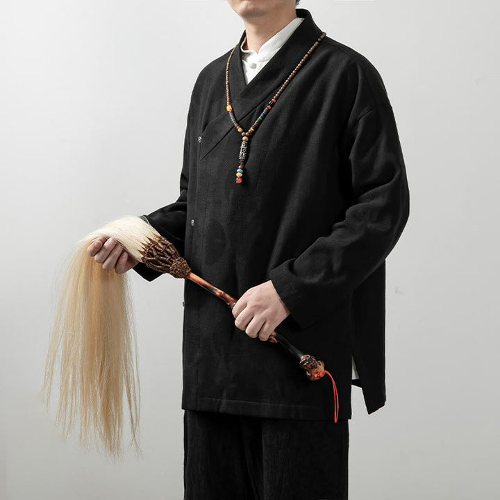 Camicia a maniche lunghe con scollo a V e stampa jacquard in cotone tinta unita da uomo Buddha Stones