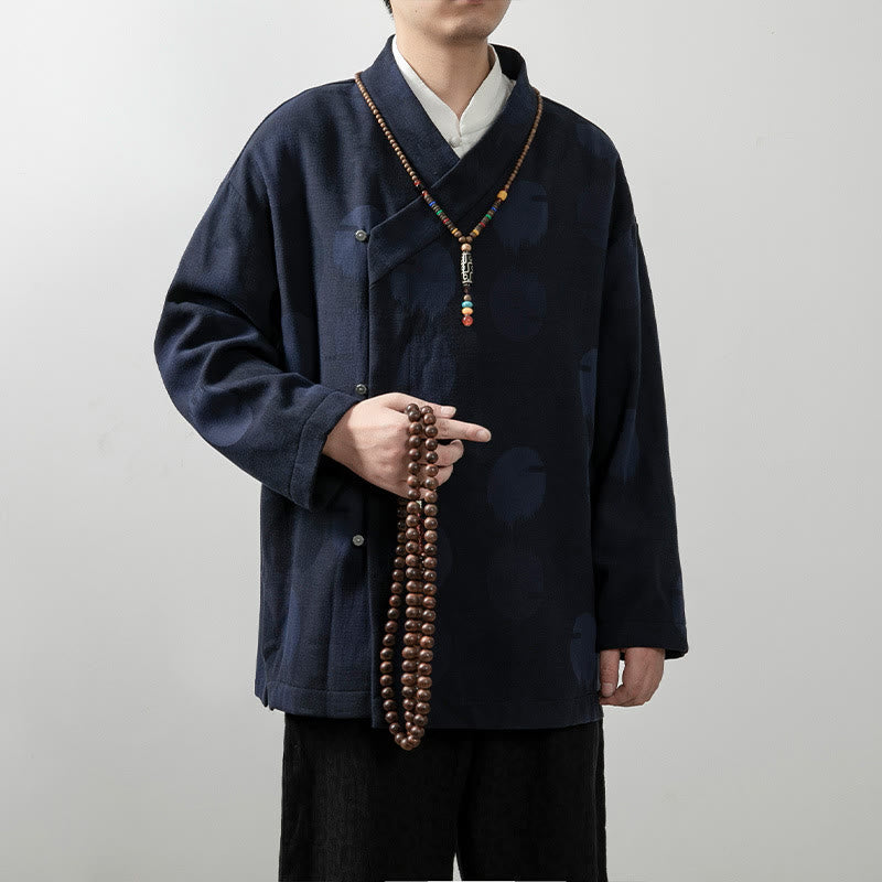 Camicia a maniche lunghe con scollo a V e stampa jacquard in cotone tinta unita da uomo Buddha Stones