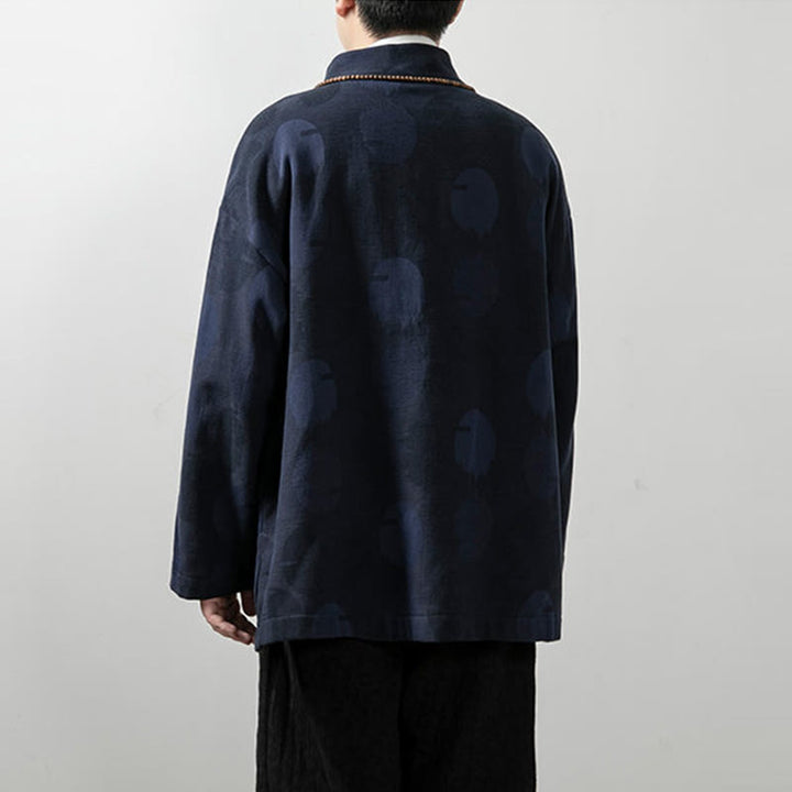 Camicia a maniche lunghe con scollo a V e stampa jacquard in cotone tinta unita da uomo Buddha Stones